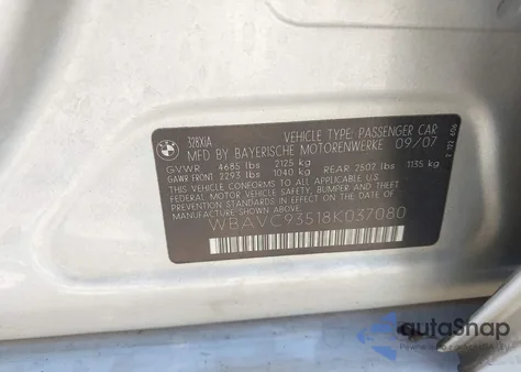 2008 BMW 328Xi from USA, damaged, VIN WBAVC93518K037080